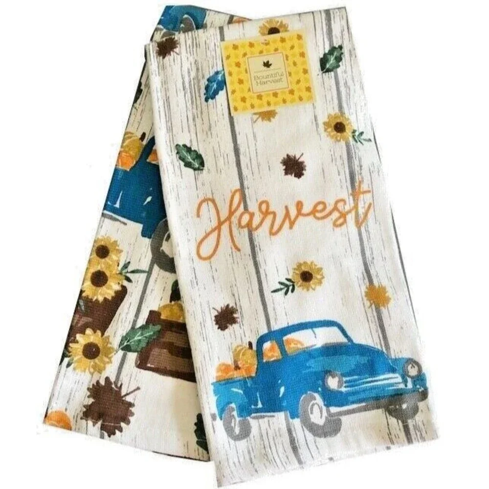 Blue Farm Truck Set of 2 Kitchen Dish Towels Pumpkins Harvest Fall Thanksgiving